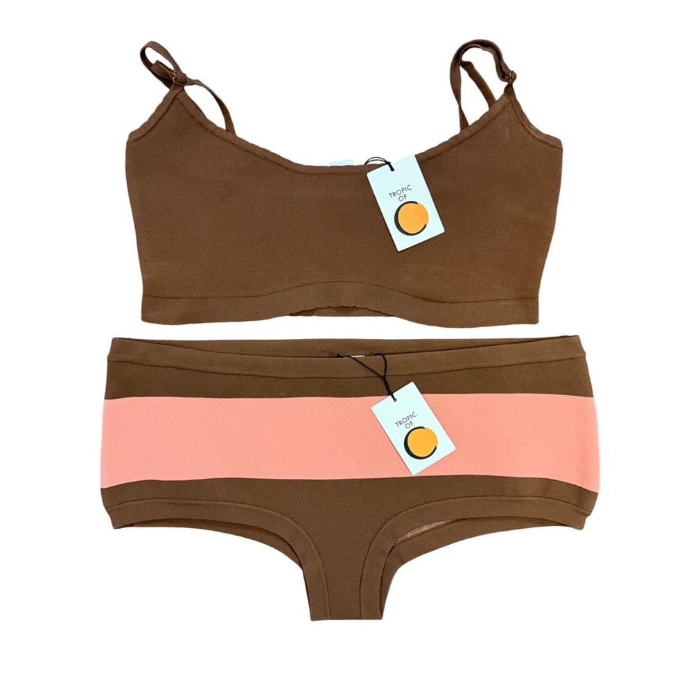 Tropic of C Julia Top Ballet Briefs Swim Set Brown Pink Large NWT Beach Vacation